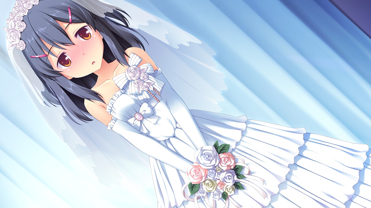 blue_hair, blush, bow, brown_eyes, elbow_gloves, flowers, fujibayashi_misao, game_cg