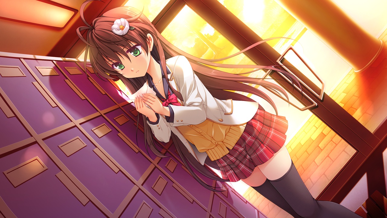 ayazaki_sumire, bow, brown_hair, game_cg, green_eyes, hook, long_hair, melty_moment, odawara_hakone, school_uniform, skirt, sunset, thighhighs