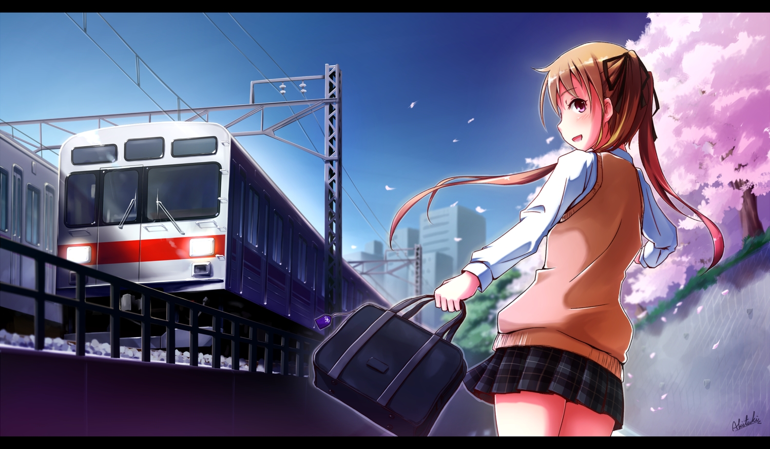 akizuki_rito, blonde_hair, original, petals, red_eyes, school_uniform, signed, skirt, sky, train, tree, twintails
