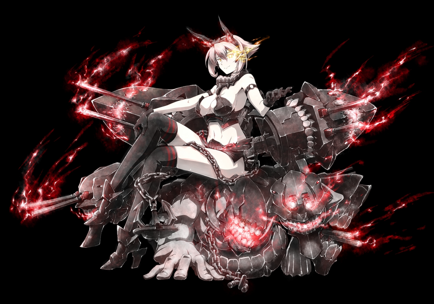 anthropomorphism, chain, harukon_(halcon), kantai_collection, mutsu_(kancolle), polychromatic, short_hair, thighhighs, yellow_eyes