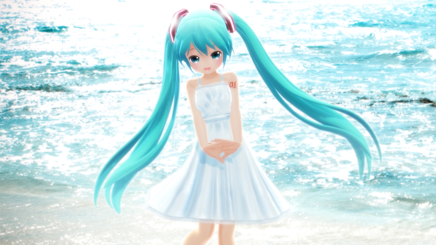 3d, aqua_eyes, aqua_hair, beach, blue_eyes, blue_hair, blush, dress