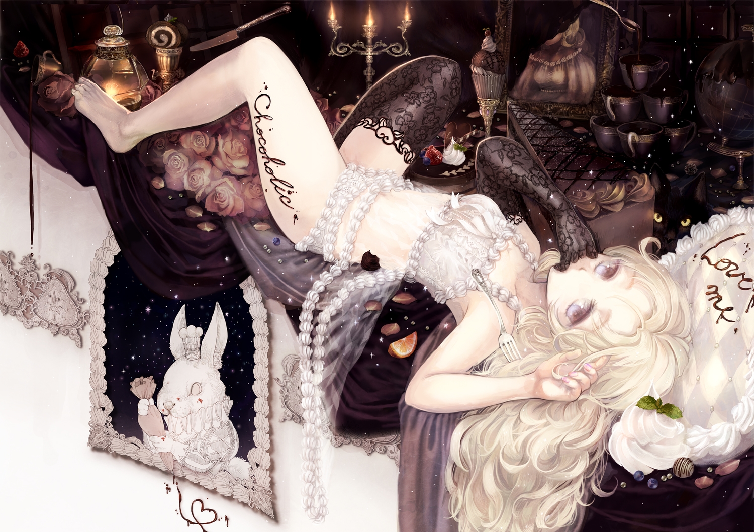 animal, barefoot, blonde_hair, cake, candy, cat, chocolate, elbow_gloves, flowers, food, gloves, long_hair, namari_iro, night, original, petals, purple_eyes, rabbit, rose, stars, thighhighs, valentine