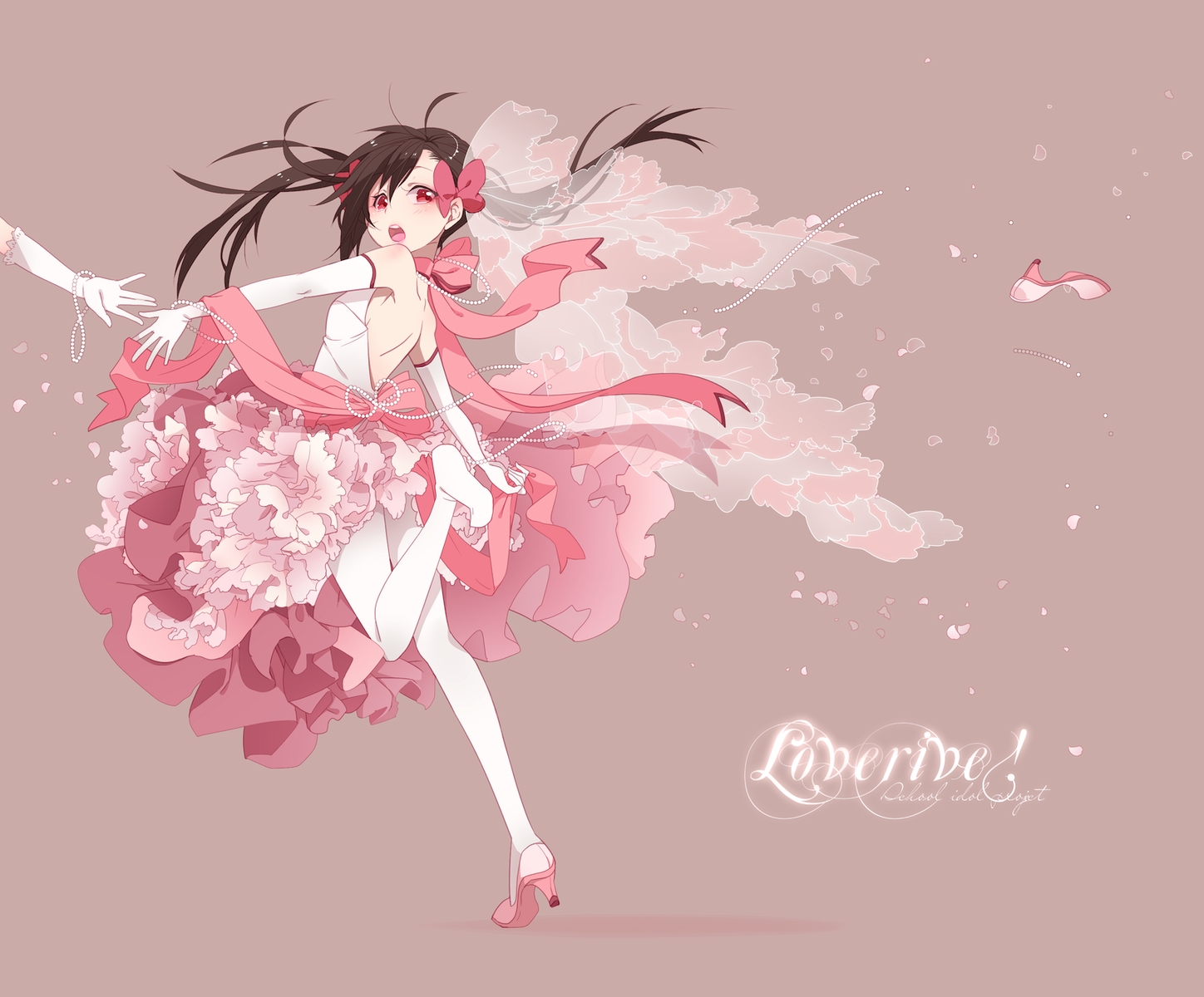 bow, brown_hair, dress, elbow_gloves, gloves, love_live!_school_idol_project, necklace, petals, red_eyes, ribbons, twintails, wedding_attire, yazawa_nico, yukinokoe