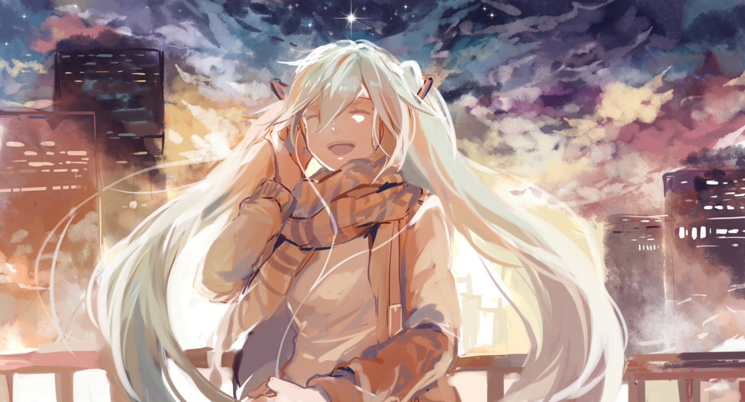azalea, building, clouds, hatsune_miku, night, scarf, sky, stars, twintails, vocaloid, white_hair