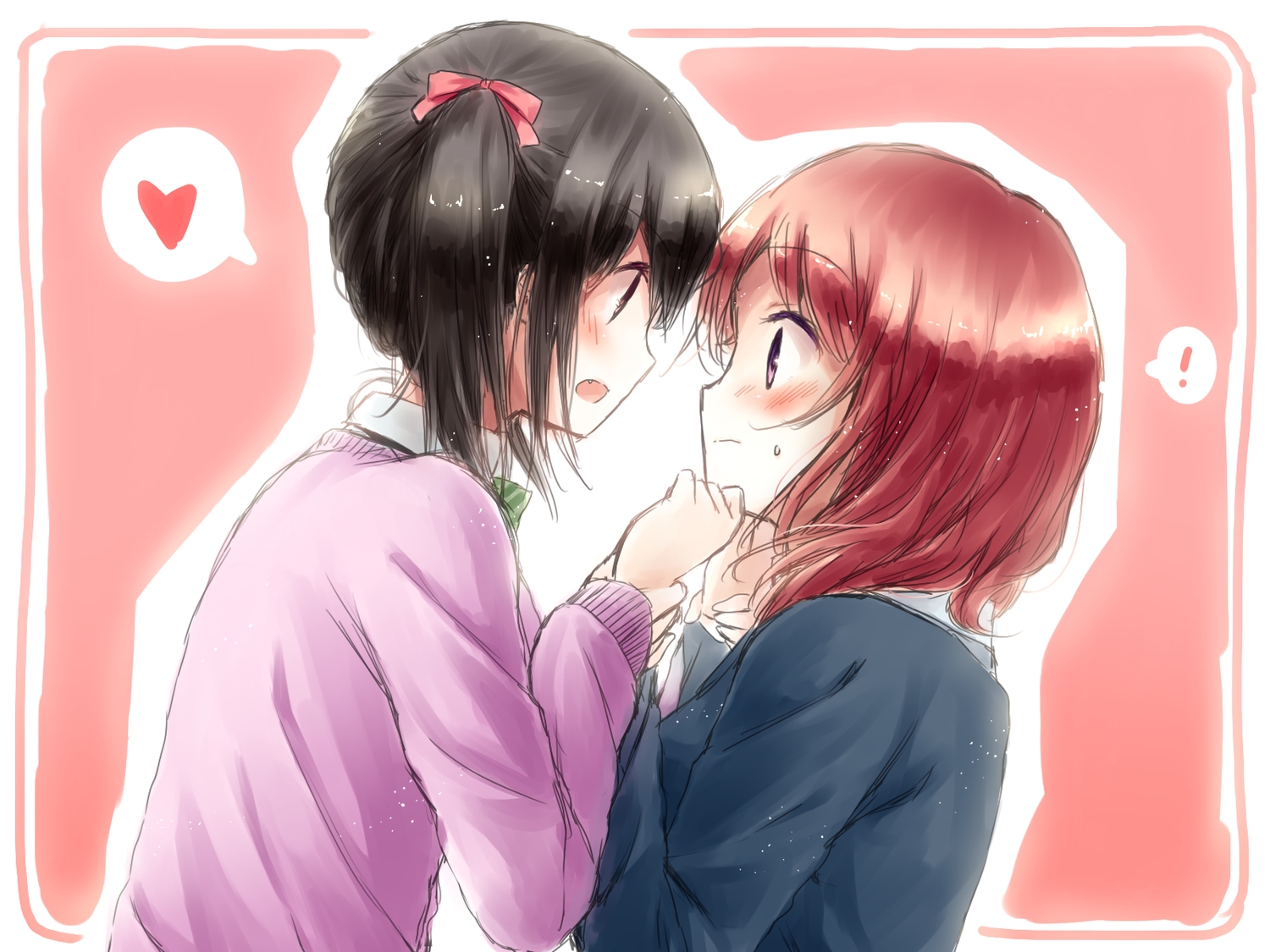 2girls, black_hair, blush, fang, love_live!_school_idol_project, nishikino_maki, red_hair, sakuyunomi, short_hair, shoujo_ai, yazawa_nico