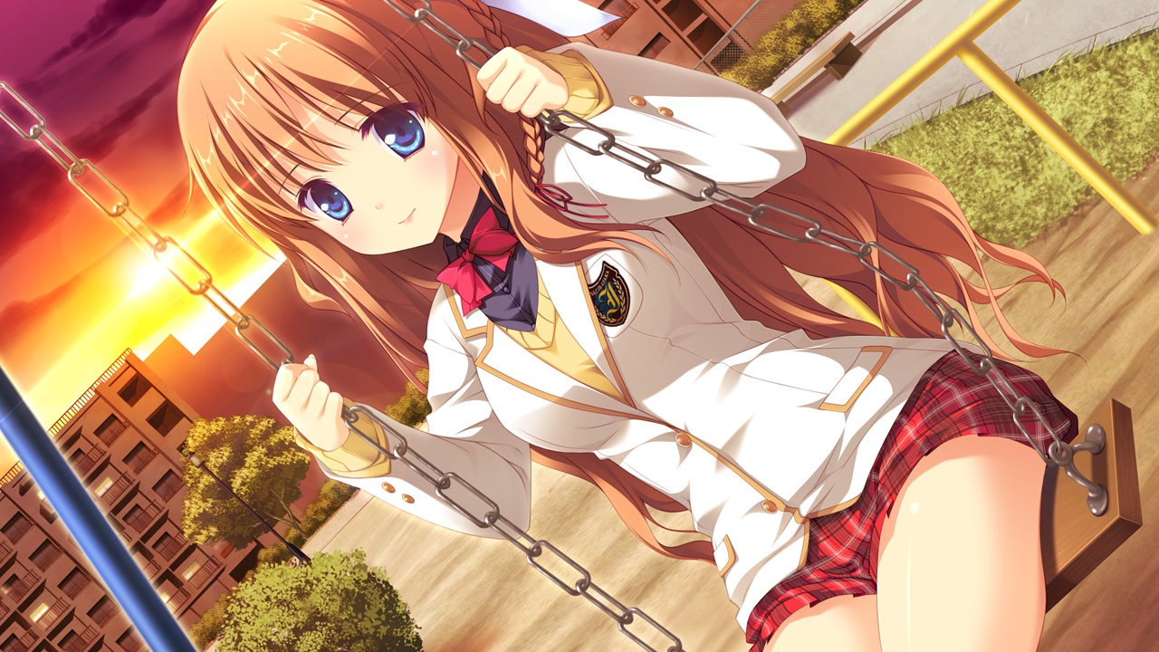 blue_eyes, bow, braids, brown_hair, chain, game_cg, hook, long_hair