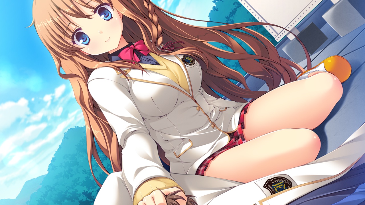 blue_eyes, bow, braids, brown_hair, game_cg, hook, long_hair, melty_moment, orie_yuuka, rakko, school_uniform, skirt
