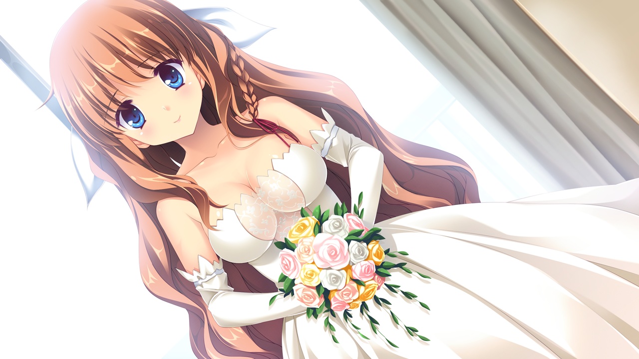 blue_eyes, braids, breasts, brown_hair, cleavage, dress, elbow_gloves, flowers, game_cg, gloves, hook, long_hair, melty_moment, orie_yuuka, rakko, see_through, wedding_attire