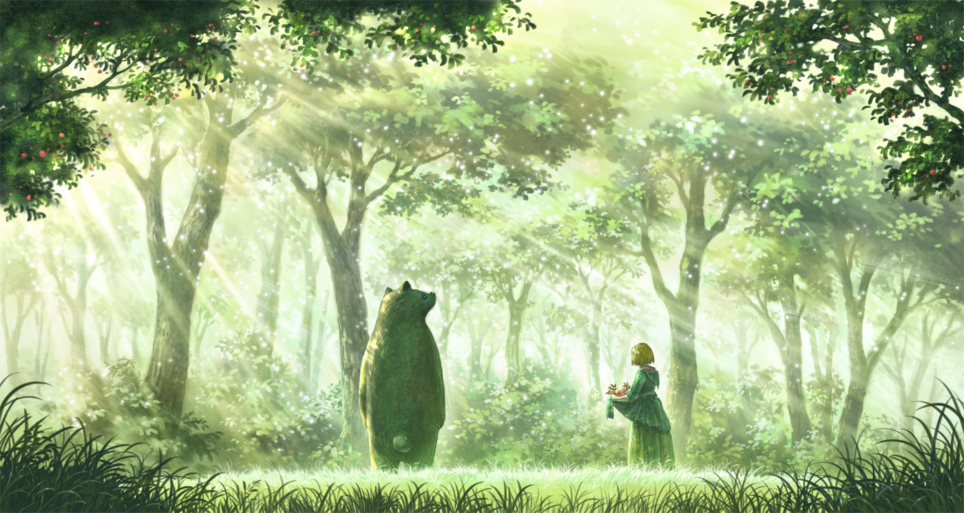 animal, bear, blonde_hair, dress, food, forest, fruit, grass, original, scenic, shirakaba_toshiharu, short_hair, tree