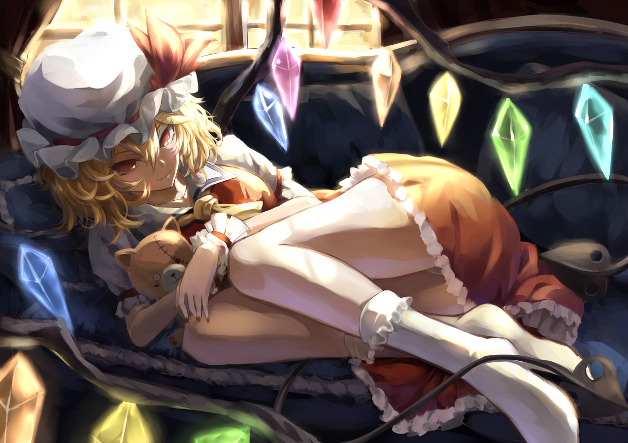 blonde_hair, flandre_scarlet, hat, kamisa, red_eyes, short_hair, socks, tail, teddy_bear, touhou, vampire, wings, wristwear