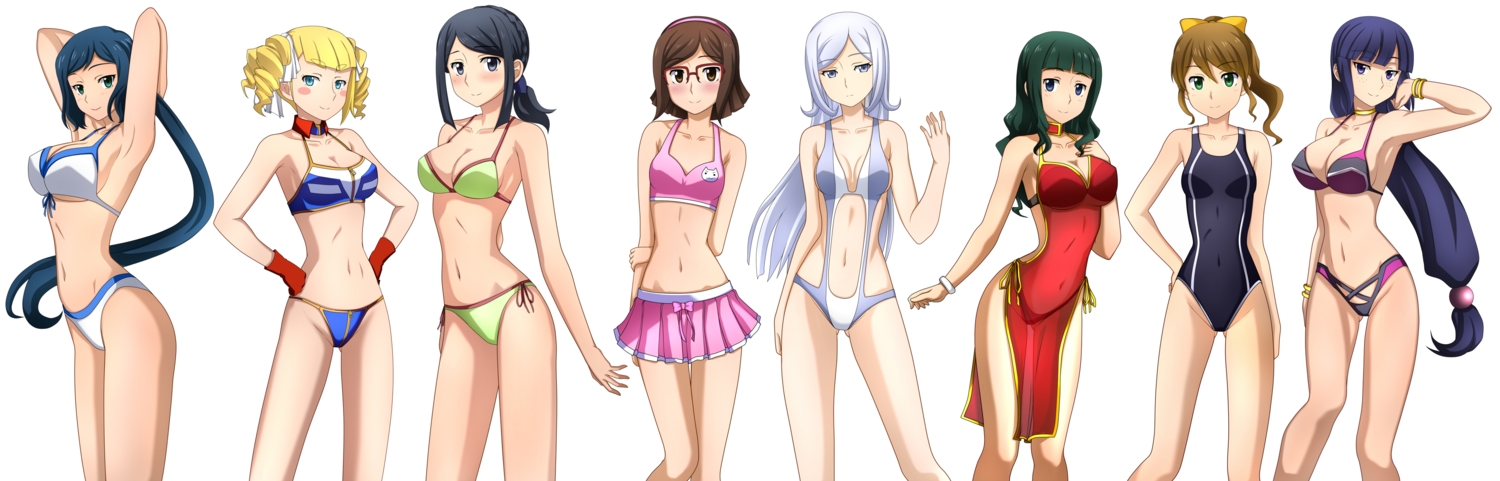 aila_jyrkiainen, aqua_eyes, bikini, black_hair, blonde_hair, blue_eyes, blue_hair, blush, breasts, brown_eyes, brown_hair, choker, cleavage, glasses, gloves, gray_eyes, green_eyes, green_hair, group, gundam_build_fighters, gundam_(series), headband, iori_rinko, kenken, kousaka_china, long_hair, mihoshi_(gundam_bf), misaki_(gundam_bf), mobile_suit_gundam, navel, ootake_akemi, ponytail, purple_eyes, purple_hair, samejima_yukari, see_through, short_hair, swimsuit, twintails, white, white_hair, wristwear, yajima_caroline
