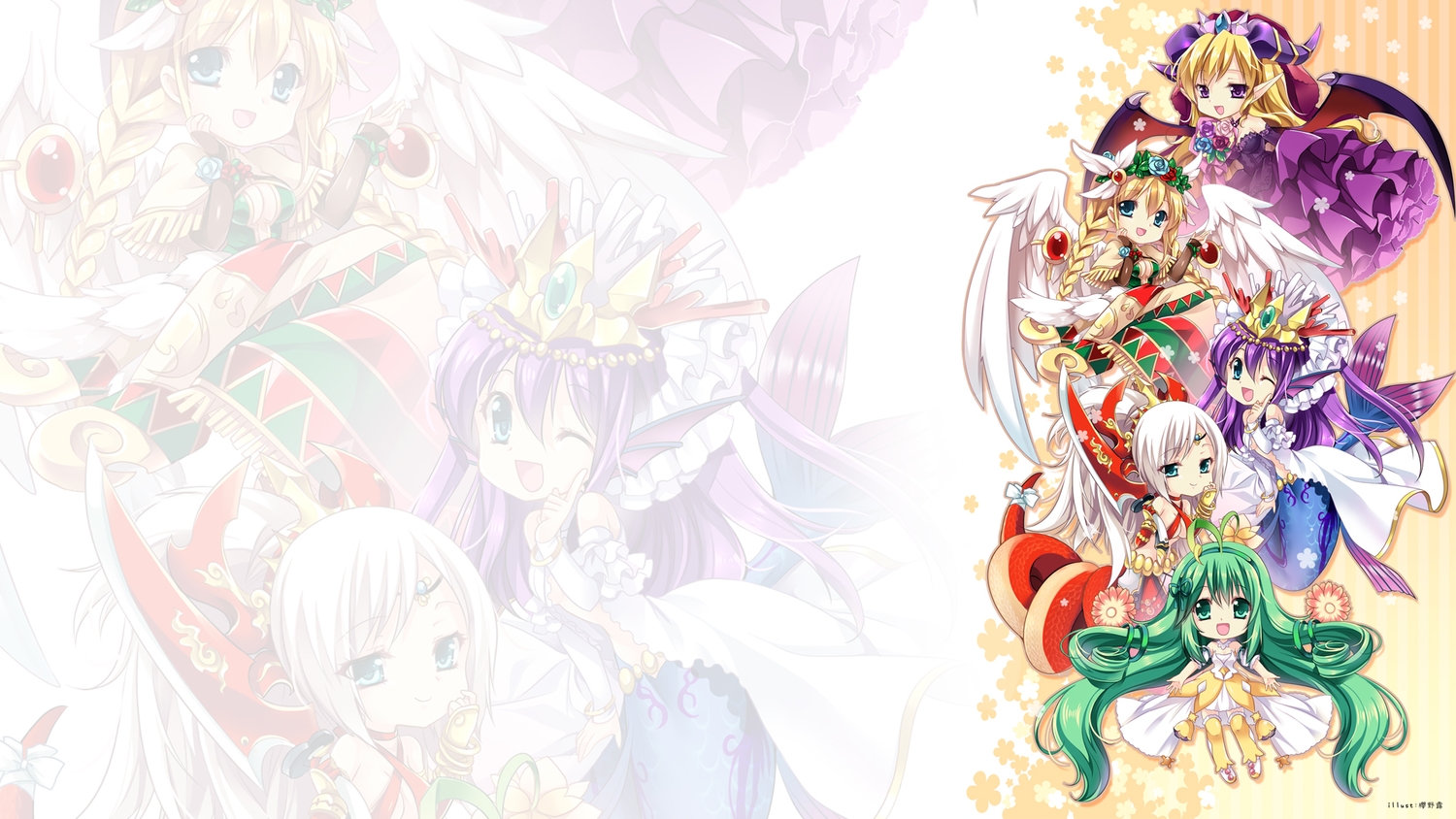 alraune_(p&d), angel_(p&d), blonde_hair, blue_eyes, braids, crown, dress, echidna_(p&d)