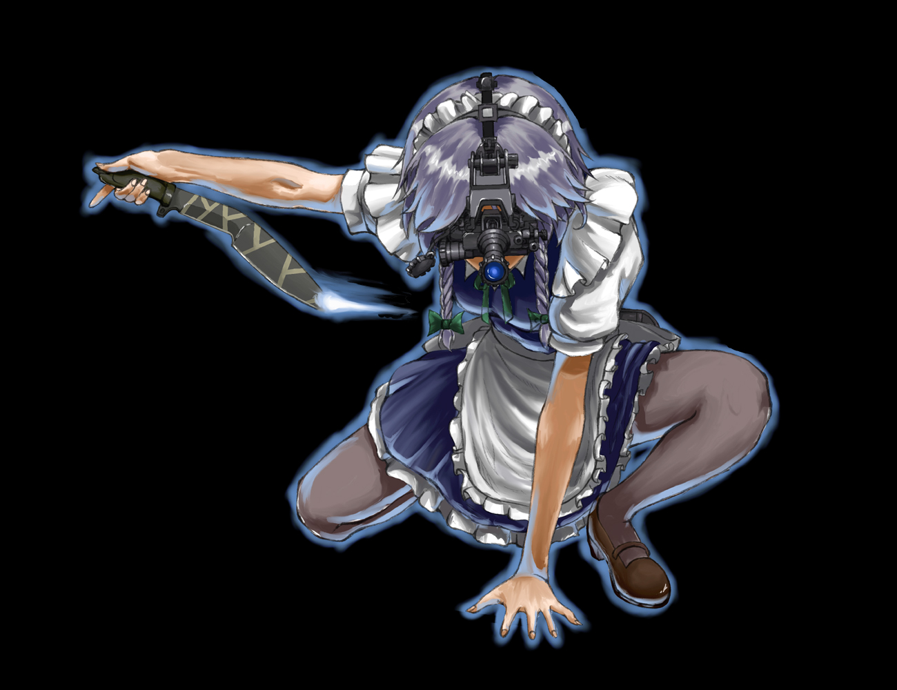 apron, black, blue_hair, bow, braids, dress, goggles, headdress