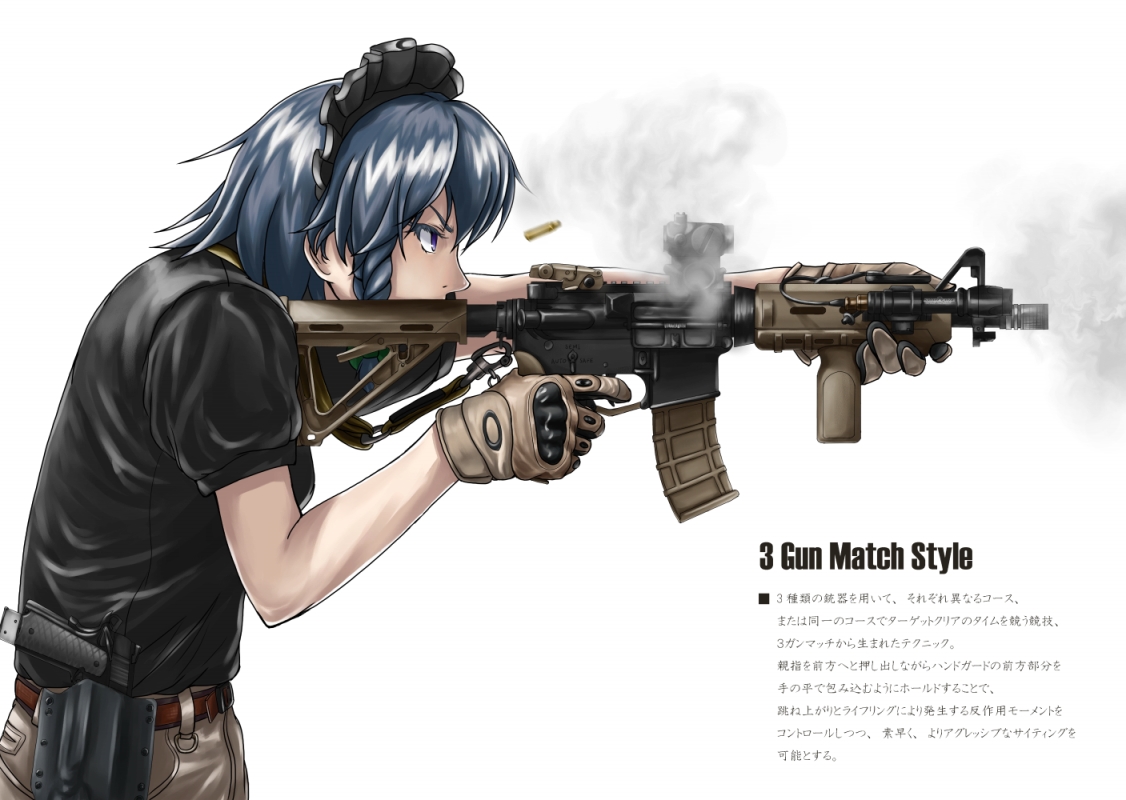 blue_eyes, blue_hair, bow, braids, gloves, gun, headdress, izayoi_sakuya, short_hair, sniper, touhou, translation_request, weapon