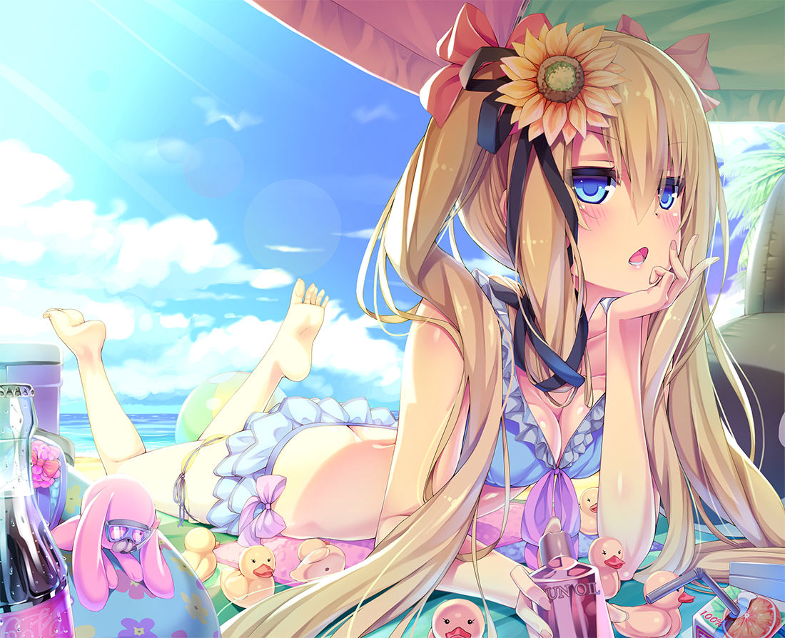 ball, barefoot, beach, bikini, blonde_hair, blue_eyes, blush, breasts, cleavage, coca_cola, drink, flowers, long_hair, original, peragura, ribbons, sunflower, swimsuit, twintails