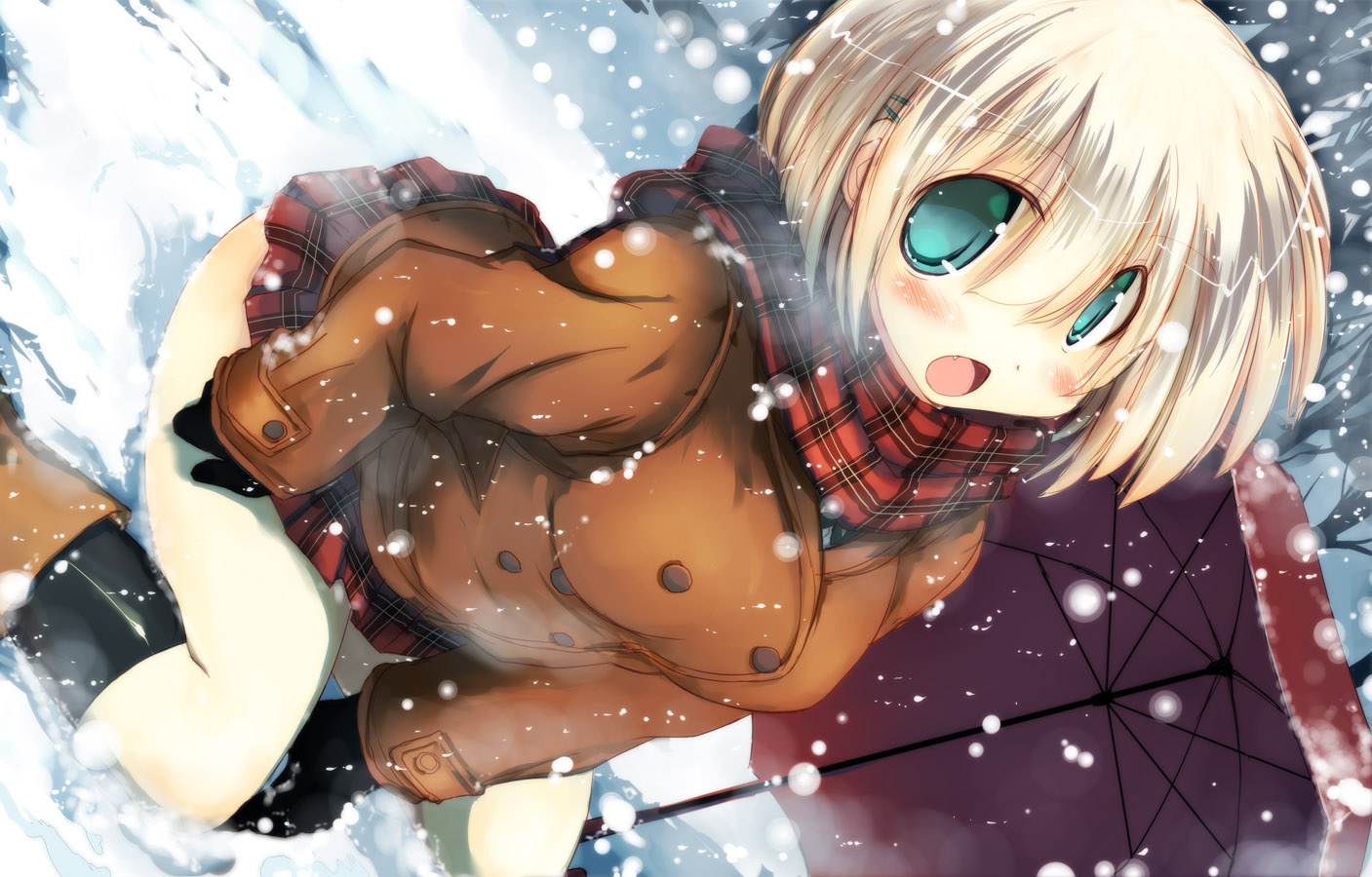 blonde_hair, blush, boots, fang, gloves, green_eyes, jpeg_artifacts, kneehighs, original, sakaki_(noi-gren), scarf, short_hair, skirt, snow, umbrella, winter