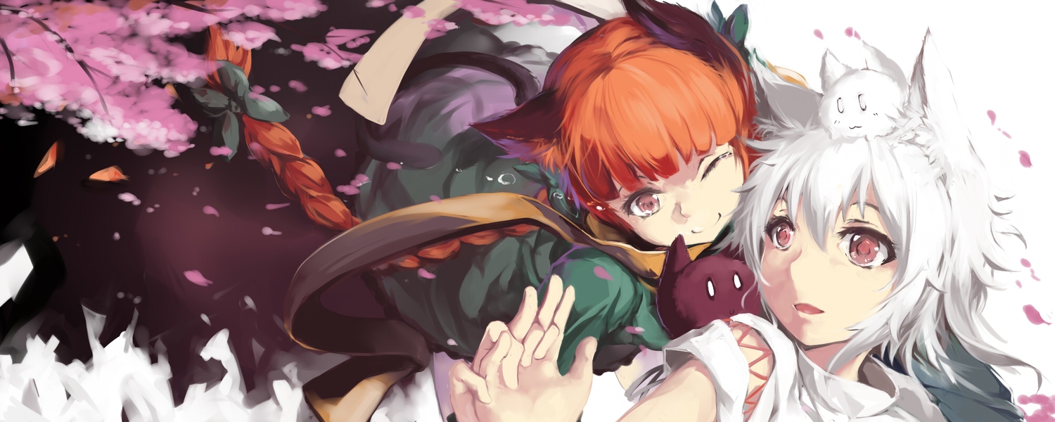 2girls, animal, animal_ears, braids, cat, catgirl, cherry_blossoms, dualscreen