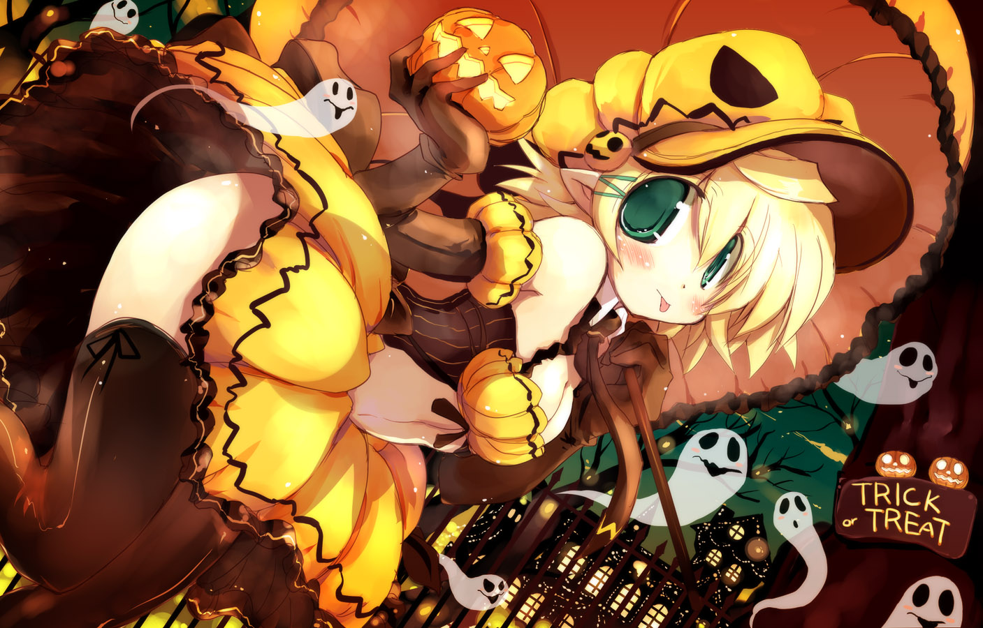 blonde_hair, blush, breasts, building, cleavage, elbow_gloves, gloves, green_eyes