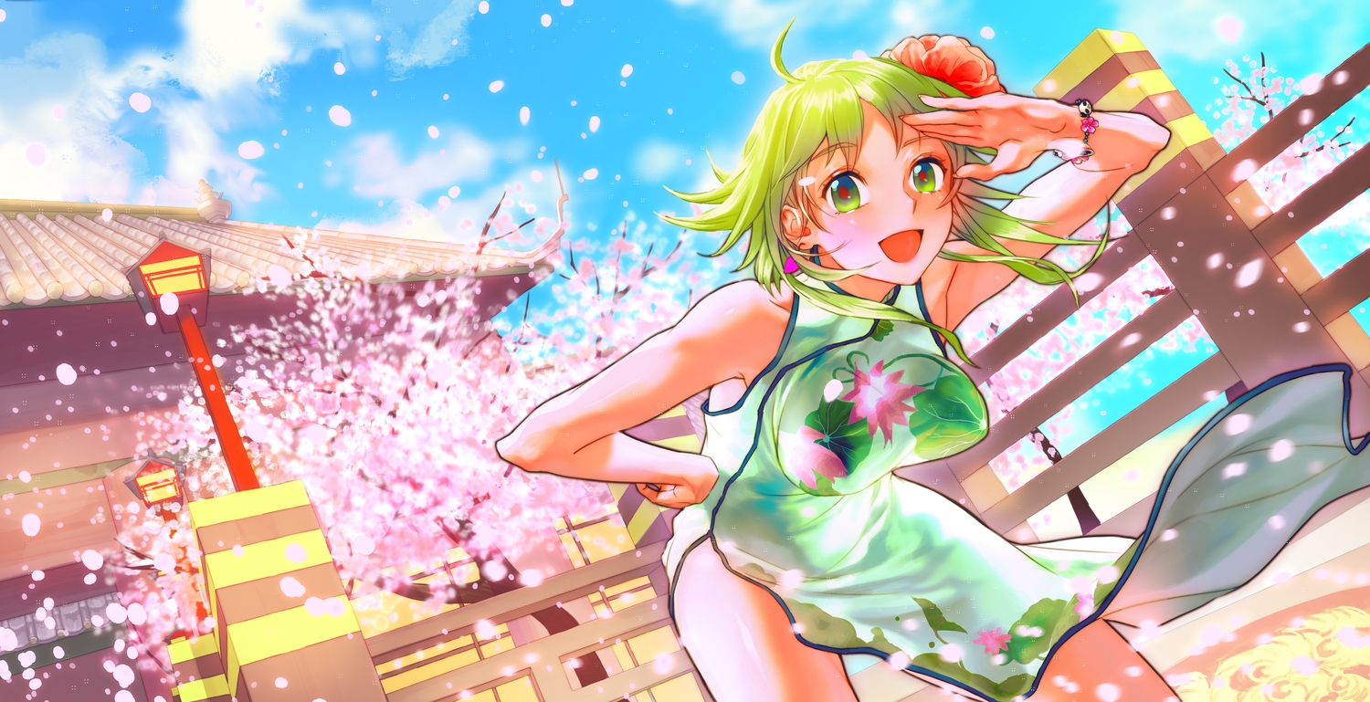 bicolored_eyes, breasts, cherry_blossoms, chinese_clothes, chinese_dress, dress, flowers, green_eyes