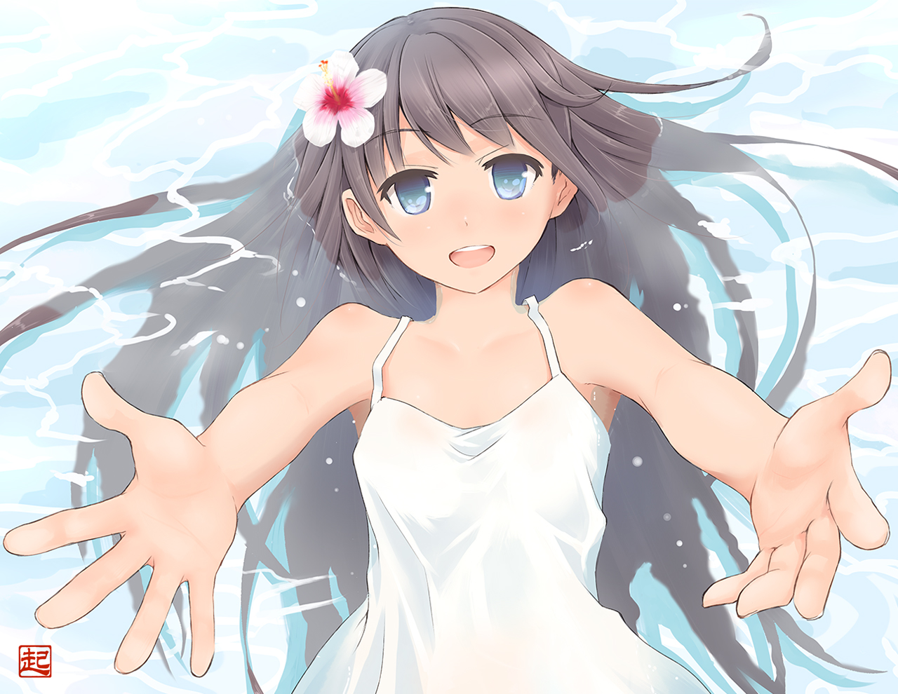 blue_eyes, brown_hair, dress, long_hair, okiru, original, water, watermark