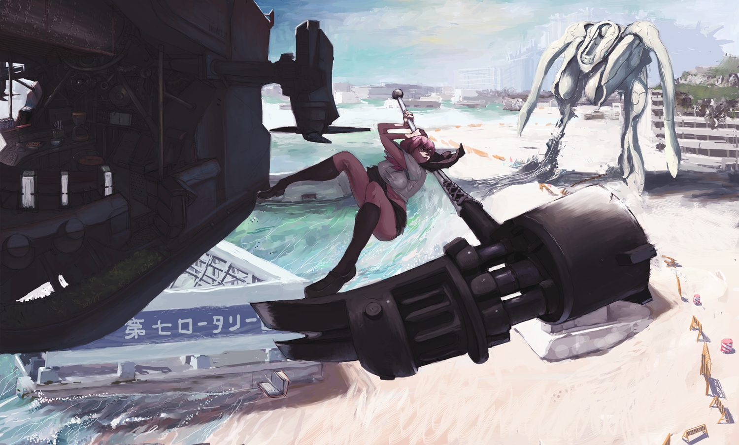 aircraft, beach, book, iridori, kneehighs, mecha, original, pink_hair, ruins, school_uniform, water, weapon