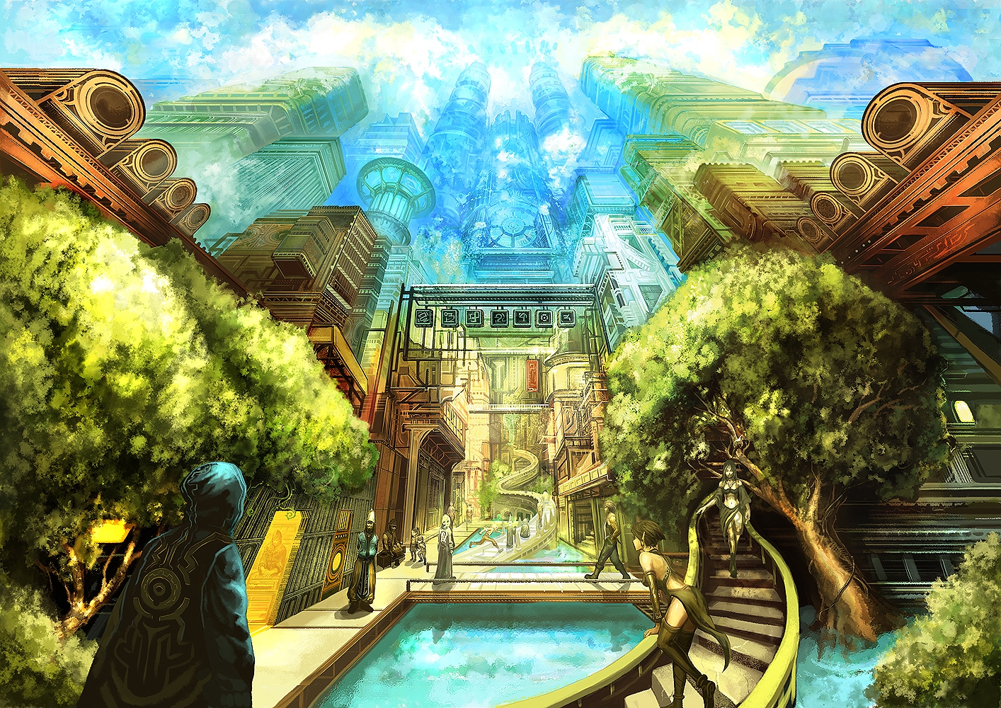 building, city, group, navel, original, pointed_ears, scenic, short_hair, shukei, stairs, thighhighs, tree, water