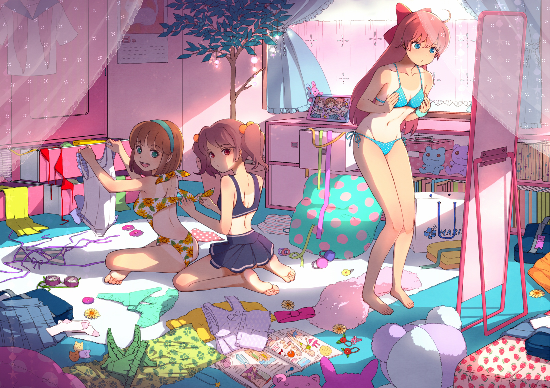 ari-15, barefoot, bikini, blue_eyes, book, brown_hair, headband, long_hair, navel, original, red_eyes, short_hair, skirt, swimsuit, tan_lines, teddy_bear, twintails