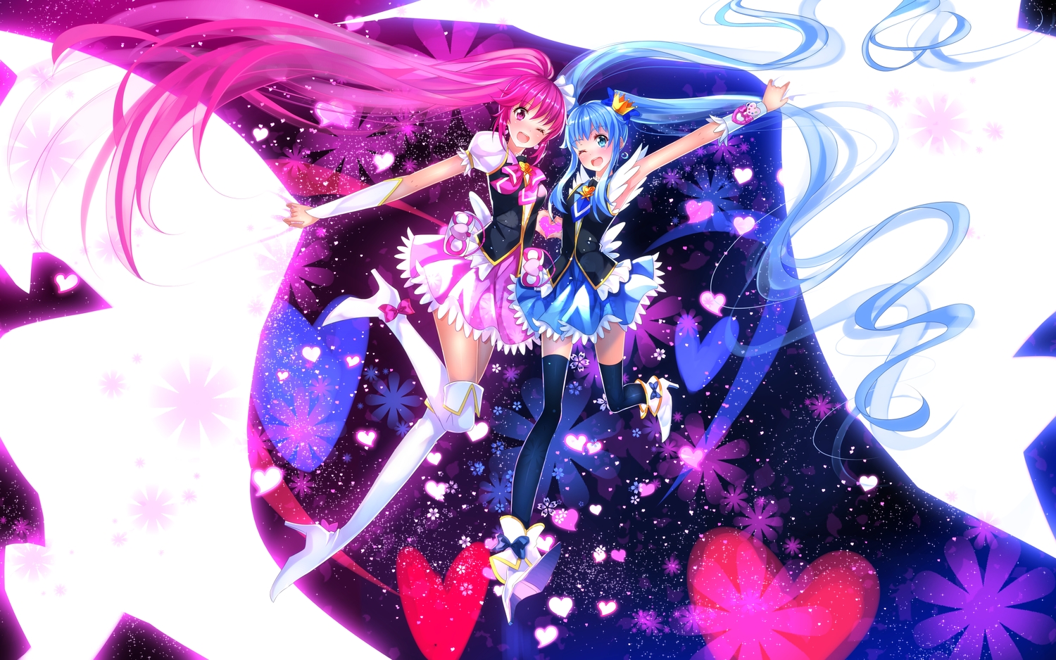 2girls, aino_megumi, aqua_eyes, blue_hair, blush, bow, happinesscharge_precure!, long_hair, pink_eyes, pink_hair, ponytail, precure, shirayuki_hime, skirt, swordsouls, thighhighs, twintails, wink, wristwear