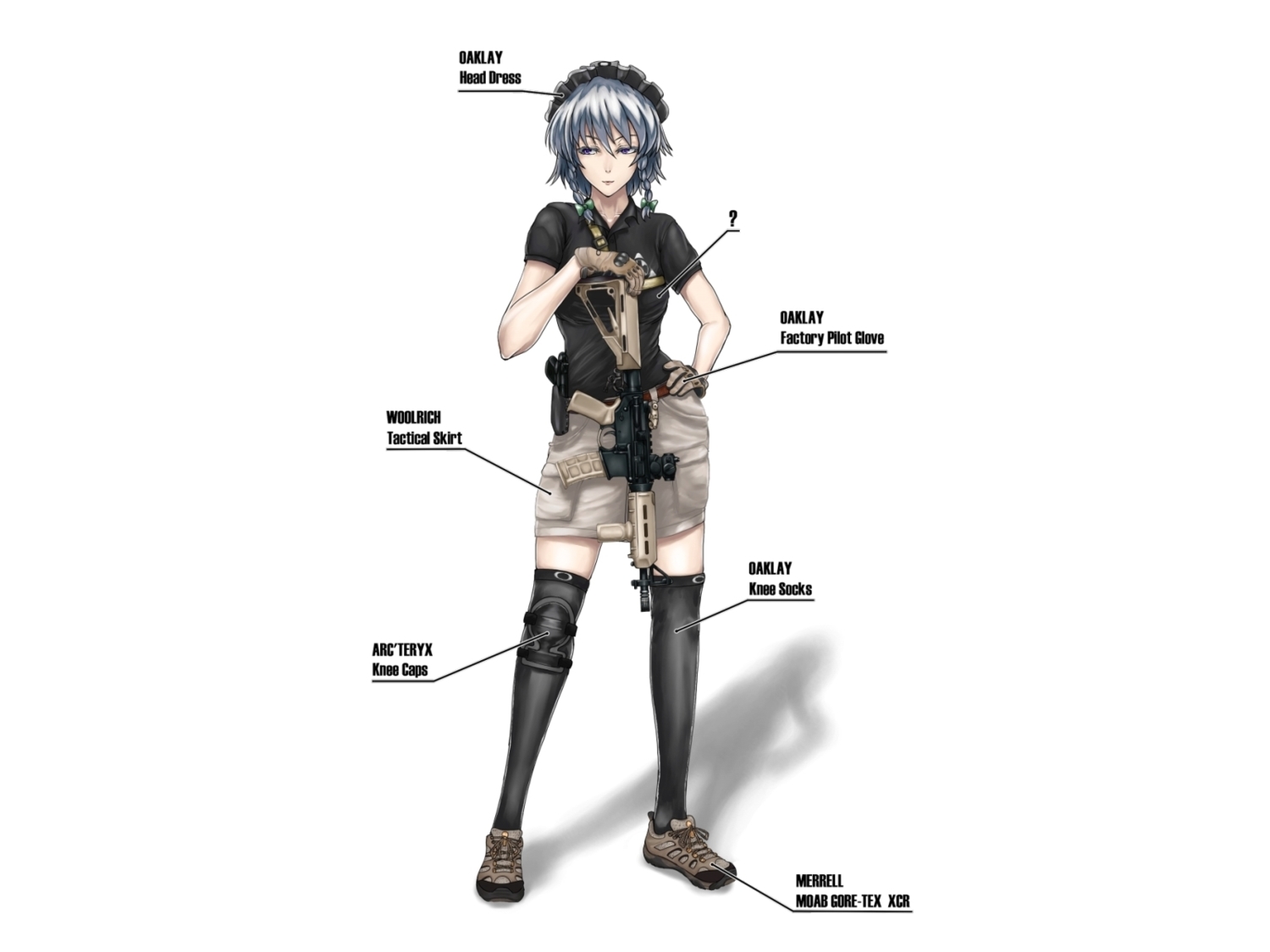 blue_hair, boots, bow, braids, gloves, gun, headdress, izayoi_sakuya, purple_eyes, skirt, sniper, thighhighs, touhou, weapon, white