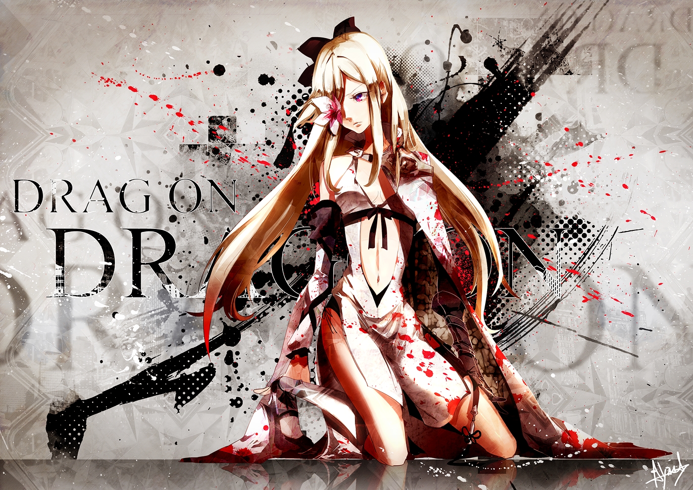 alyssa718, blonde_hair, blood, drag-on_dragoon, long_hair, navel, pink_eyes, signed, zero_(drag-on_dragoon)