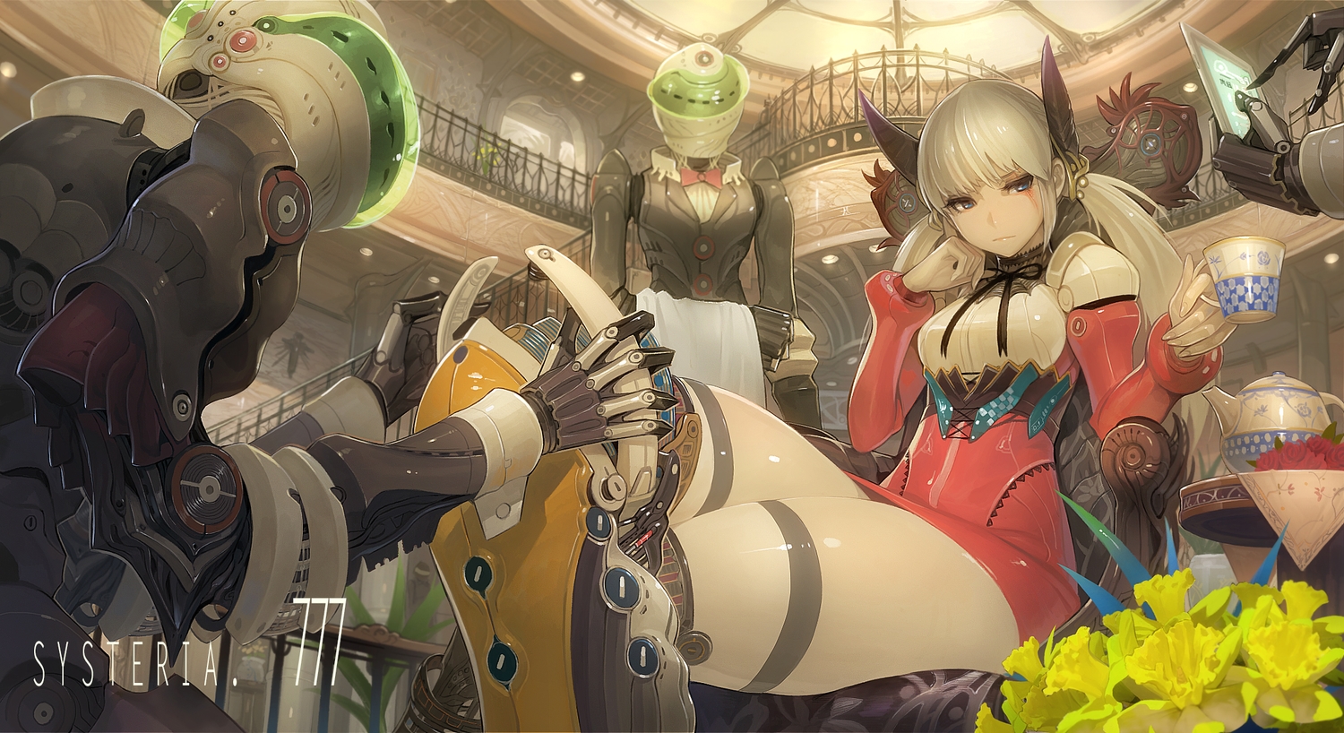 blonde_hair, blue_eyes, flowers, horns, ladic, mecha, original, robot, twintails