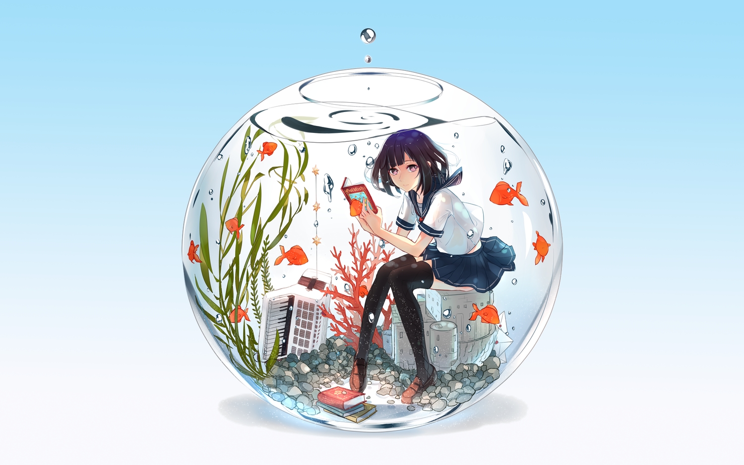 animal, black_hair, book, bubbles, fish, gradient, original, phantania