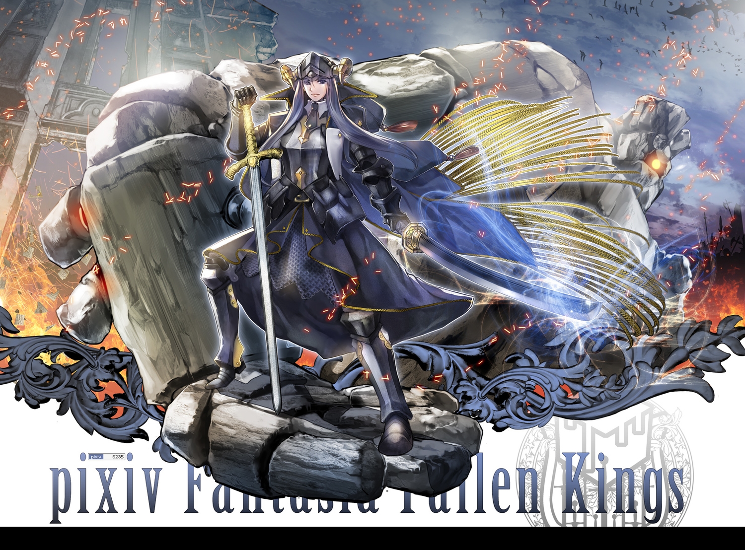armor, cape, gray_eyes, gray_hair, horns, long_hair, original, pixiv_fantasia, sword, takayama_dan, watermark, weapon