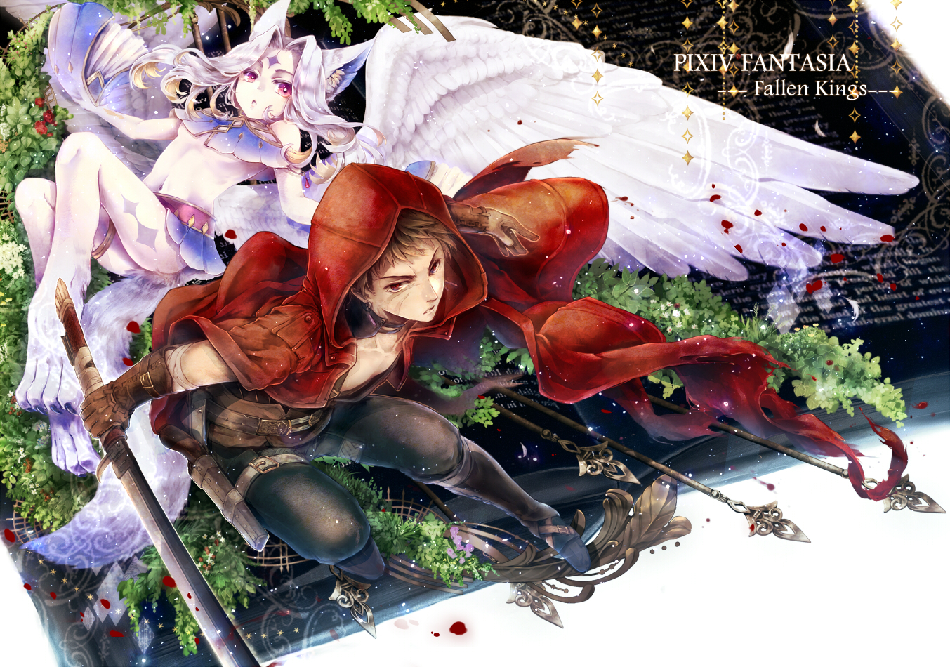 animal_ears, bandage, boots, brown_hair, gloves, gun, kuina_(escapegoat), navel, original, pink_eyes, pixiv_fantasia, red_eyes, short_hair, spear, sword, tail, tattoo, torn_clothes, weapon, white_hair, wings