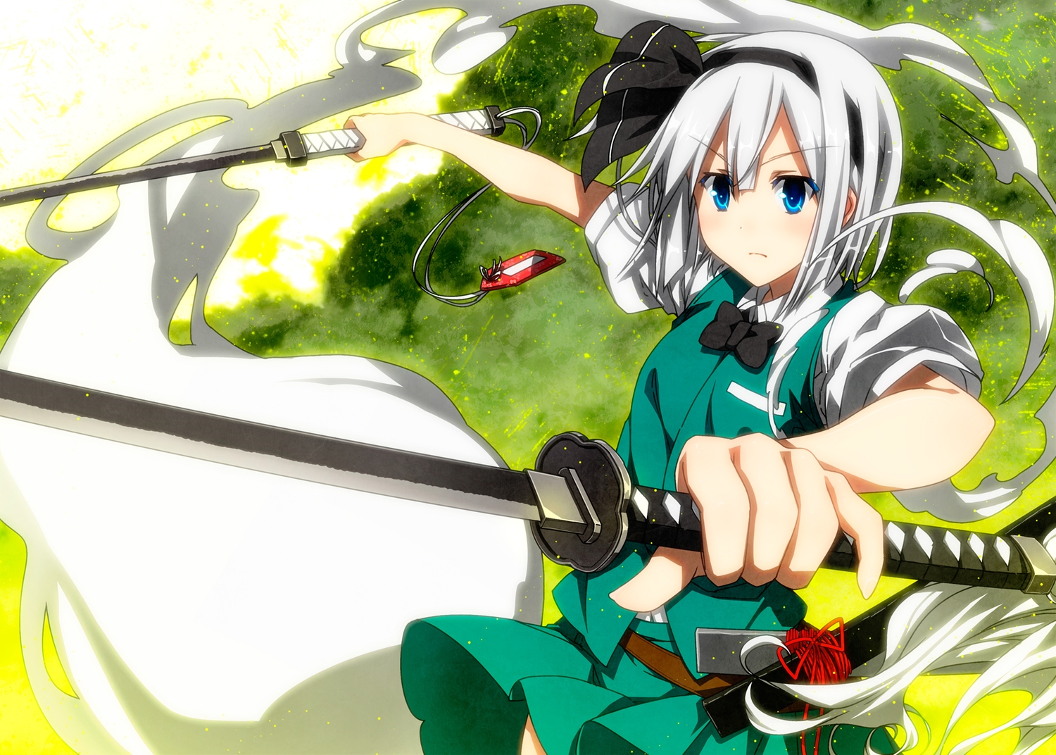 blue_eyes, bow, headband, katana, konpaku_youmu, myon, sazanami_mio, short_hair