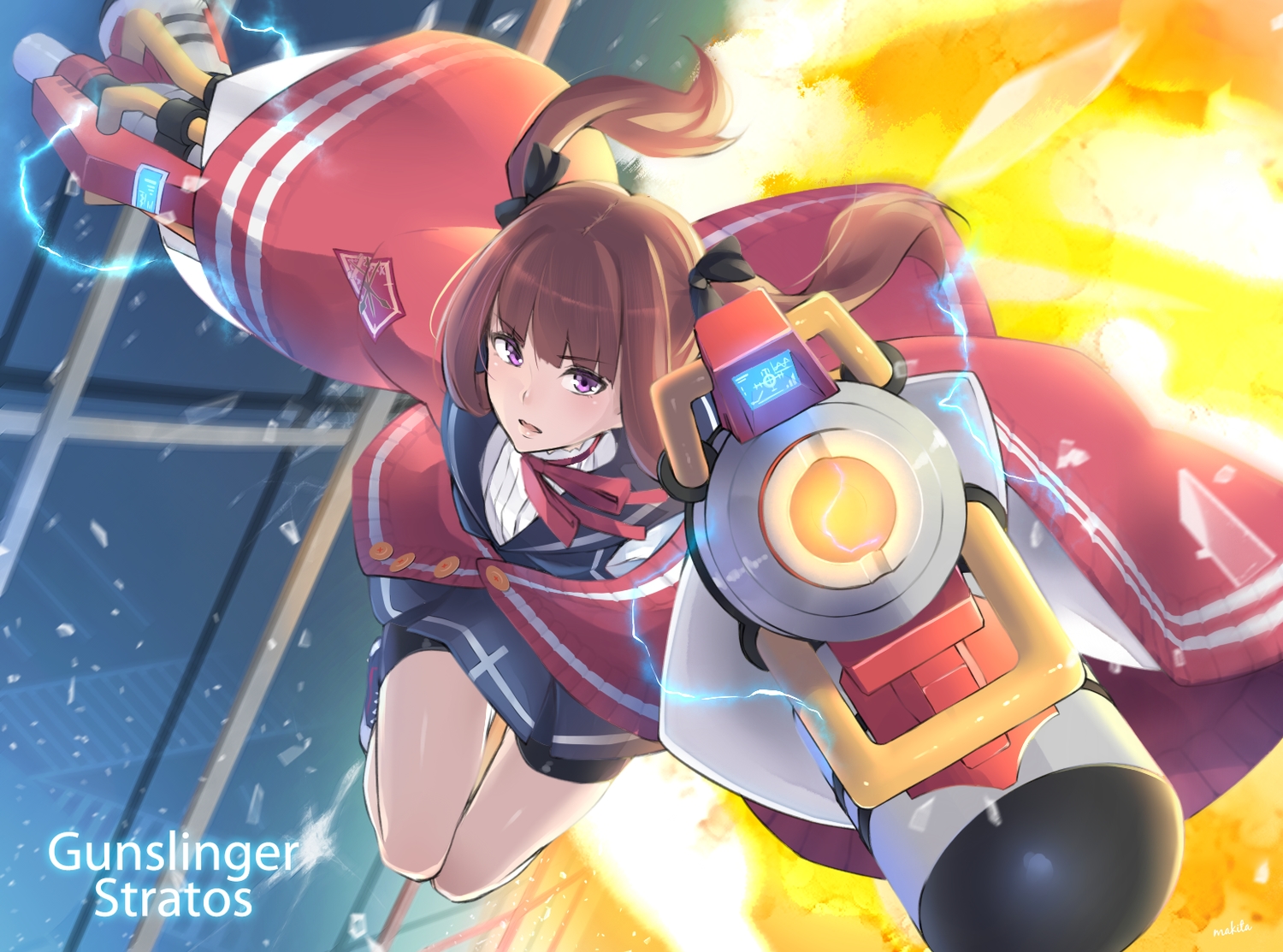 bike_shorts, brown_hair, gunslinger_stratos, makita_(twosidegekilove), mechagirl, purple_eyes, shorts, skirt, tagme_(character), twintails, weapon