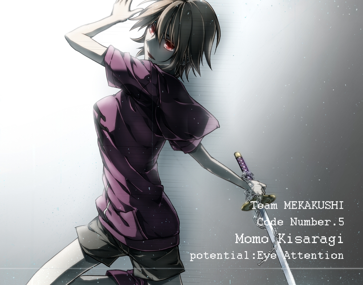 brown_hair, chain, hukkyunzzz, kagerou_project, katana, kisaragi_momo, red_eyes, short_hair