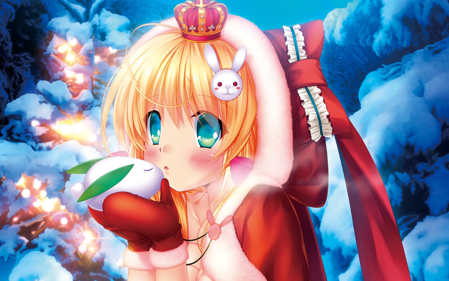 aqua_eyes, blonde_hair, blush, bow, christmas, crown, gloves, hinoue_itaru