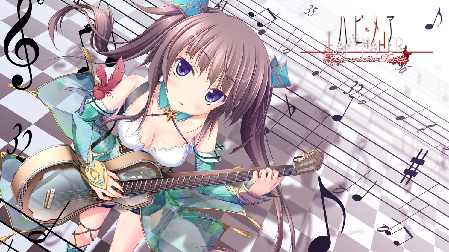 breasts, brown_hair, choker, cleavage, feathers, guitar, hapymaher, hirasaka_keiko
