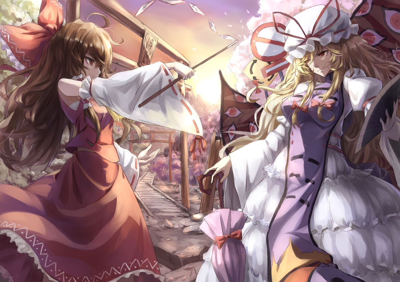 2girls, blonde_hair, bow, brown_hair, cherry_blossoms, dress, fan, flowers