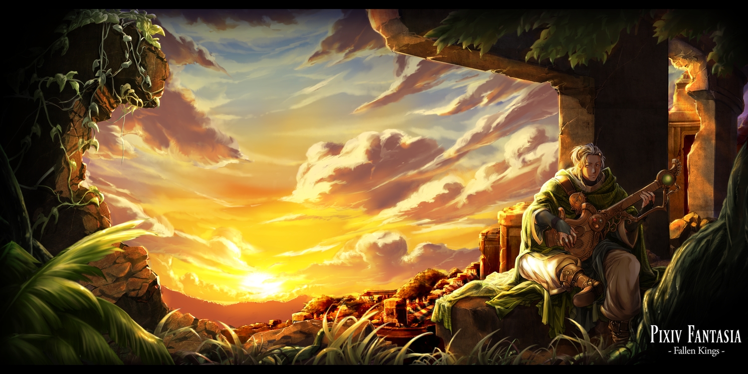 all_male, boots, clouds, grass, guitar, instrument, itkz_(pixiv), male, original, pixiv_fantasia, ruins, scenic, short_hair, sky, sunset, white_hair