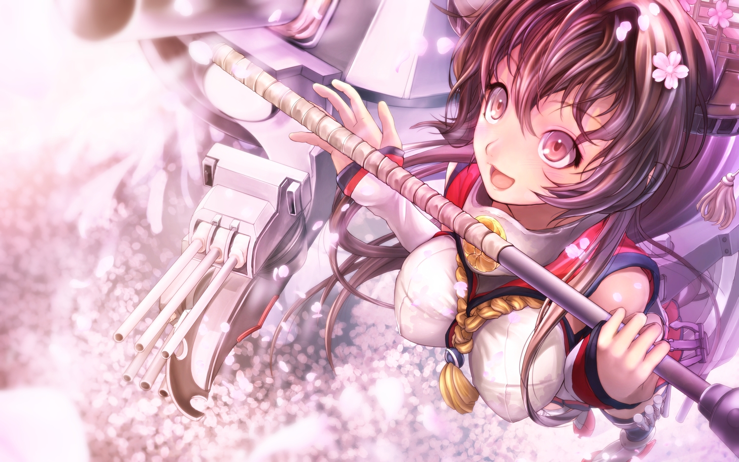 anthropomorphism, breasts, brown_hair, cherry_blossoms, flowers, kantai_collection, long_hair, pakupaku_choppu, petals, red_eyes, weapon, yamato_(kancolle)