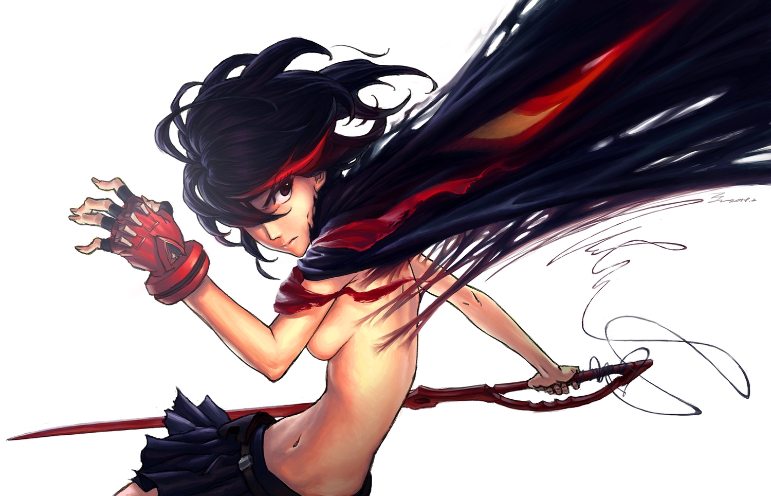 black_eyes, black_hair, breasts, cape, gloves, kill_la_kill, matoi_ryuuko, navel, short_hair, sideboob, signed, skirt, sword, torn_clothes, weapon, zhoujialin