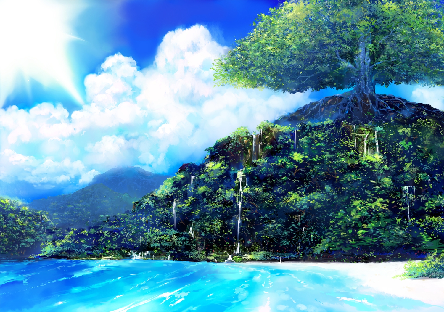clouds, forest, landscape, matsumoto_noriyuki, no_humans, original, scenic, sky, tree, water, waterfall