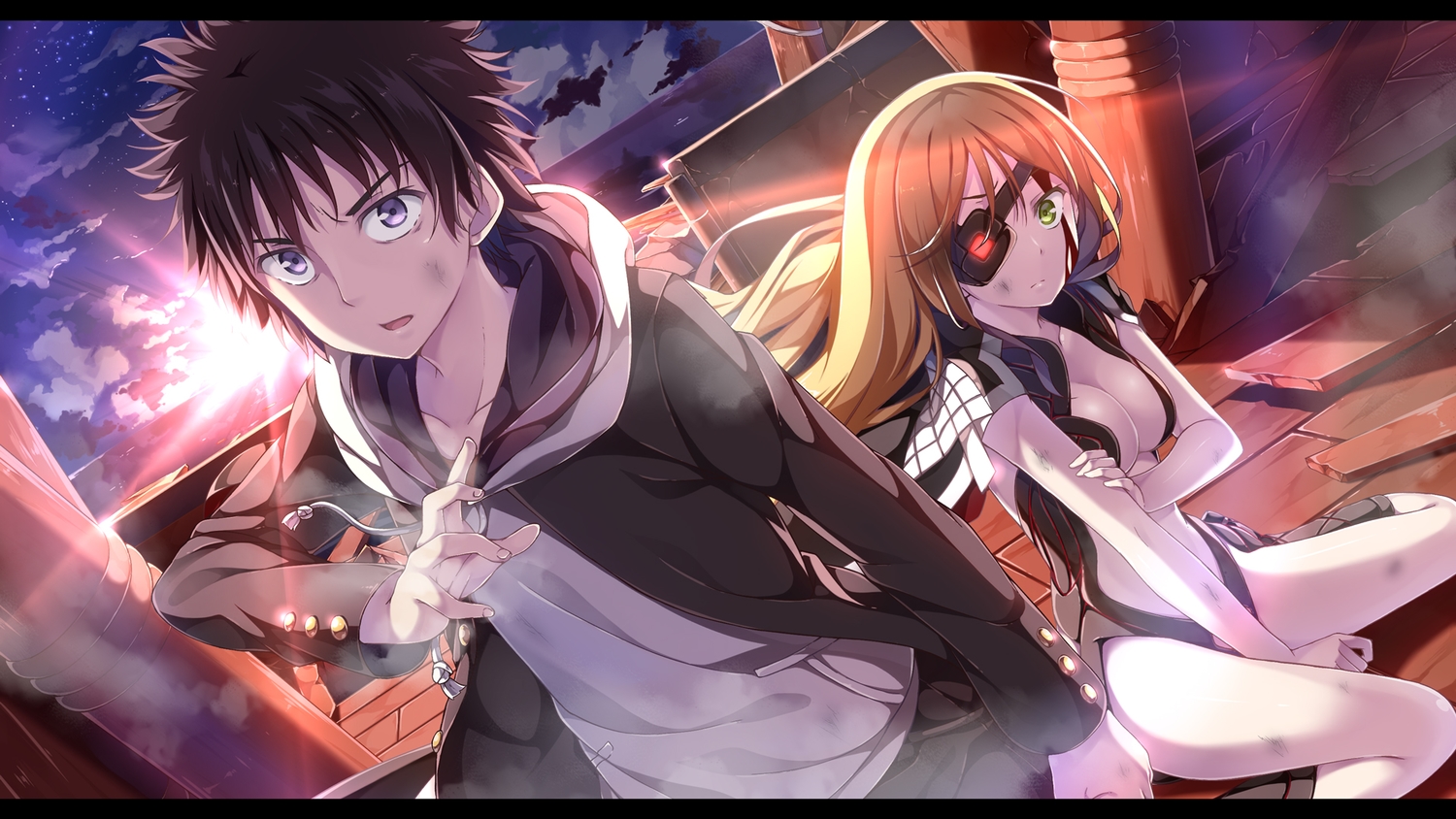 blonde_hair, blood, boat, breasts, brown_hair, cleavage, eyepatch, green_eyes