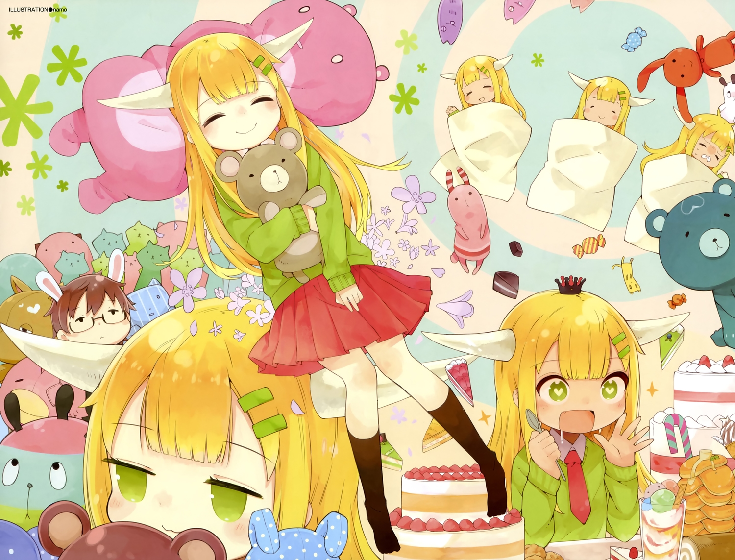 blonde_hair, chibi, dengeki_moeoh, horns, namo, original, scan