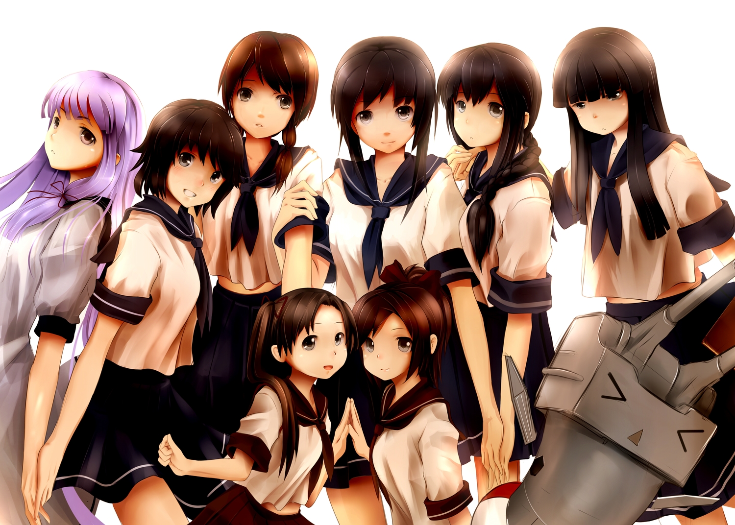 anthropomorphism, ayanami_(kancolle), black_hair, blush, bow, braids, brown_eyes, brown_hair