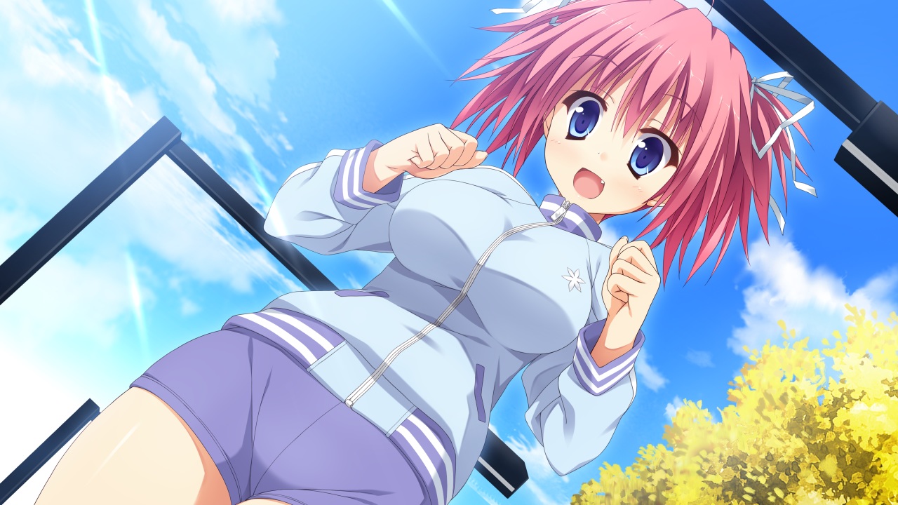 blue_eyes, fang, game_cg, glace, koishiki_manual, pink_hair, ribbons, saeki_nao