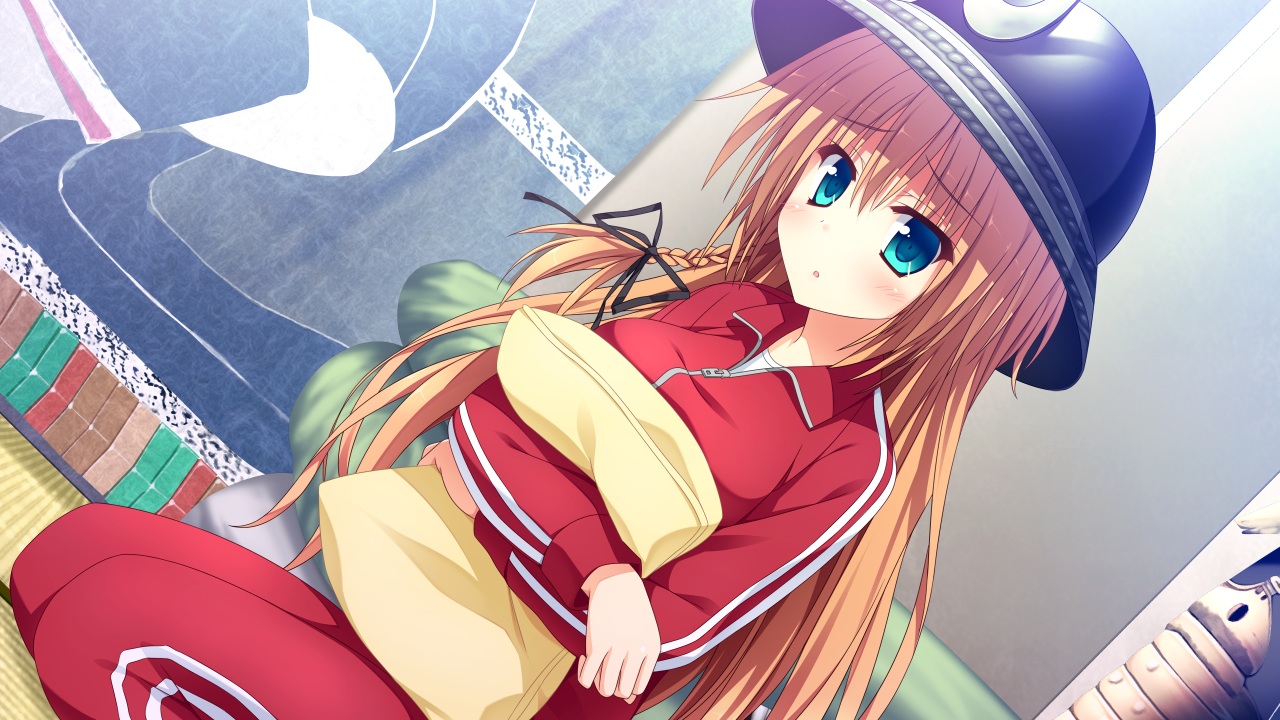 blue_eyes, game_cg, glace, gym_uniform, hat, ichinose_himeno, koishiki_manual, long_hair
