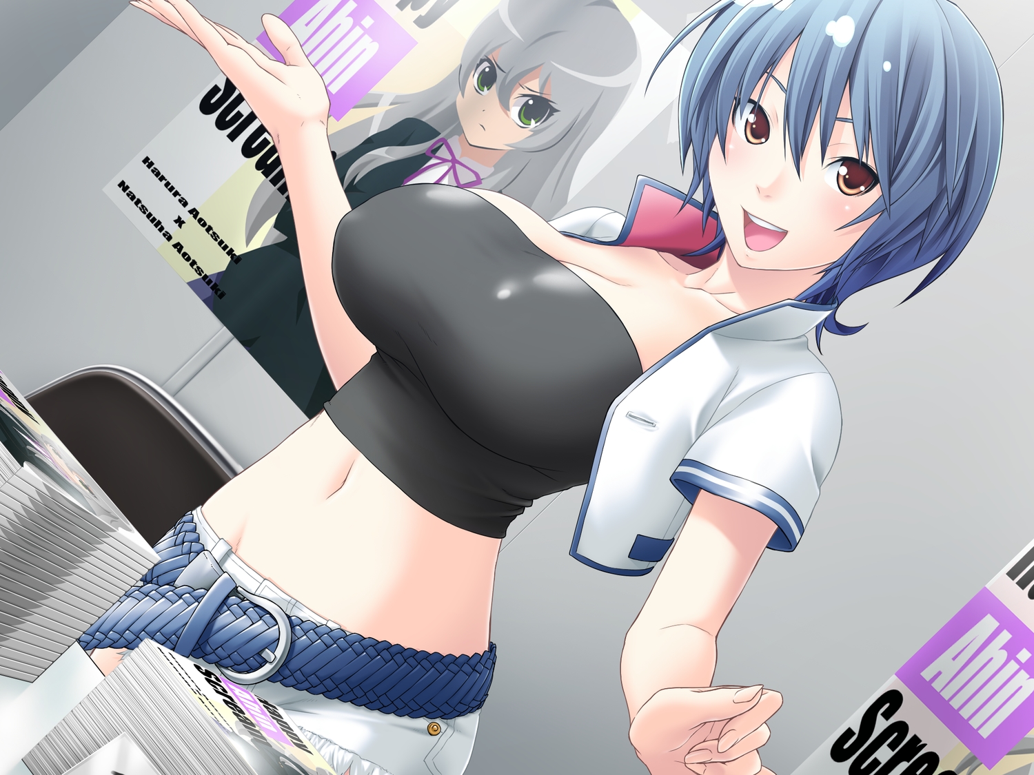 blue_hair, breasts, cleavage, game_cg, jiyu2, mazo_x_love, navel, shirotsugu_yuuto